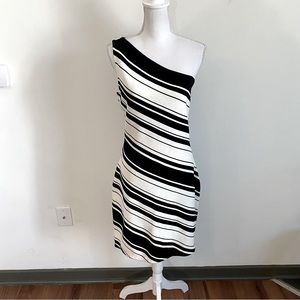 Lauren Ralph Lauren Black & White Striped One Shoulder Dress Size Large